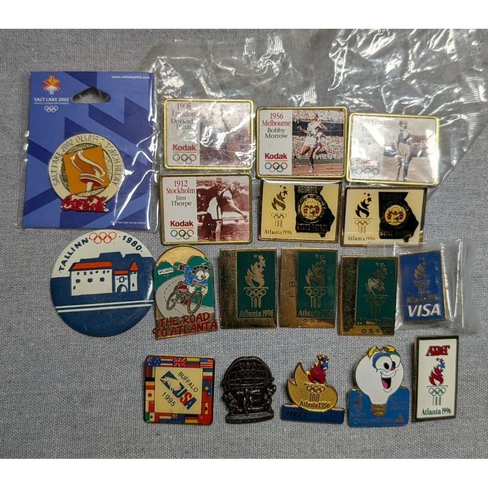 Lot of 18 Olympic Lapel Pins Buttons Atlanta Law‎ Enforcement FBI Tallinn Kodak